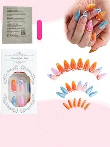 24入組Y2K粉色法式指尖假甲，杏仁假甲，3D浮雕彩色橘色陽光愉悅設計，光亮全覆蓋假甲，夏季美甲用品，適用於女性和女孩 - 彩色 - 查看 2