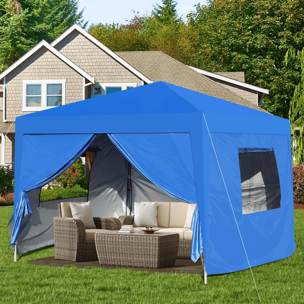 Outdoor 10x 10Ft Pop Up Gazebo Canopy Tent With Removable Sidewall With Zipper,2pcs Sidewall With Mosquito Netting,With 4pcs Weight Sand Bag,With Carry Bag-Blue - 藍色 - 查看 1