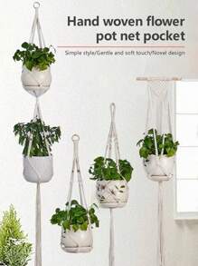 1 件花盆网袋，手工编织花园花盆网袋，棉绳悬挂花盆篮 - 米色 - 查看 2
