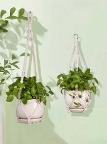 1 件花盆网袋，手工编织花园花盆网袋，棉绳悬挂花盆篮 - 米色 - 查看 6