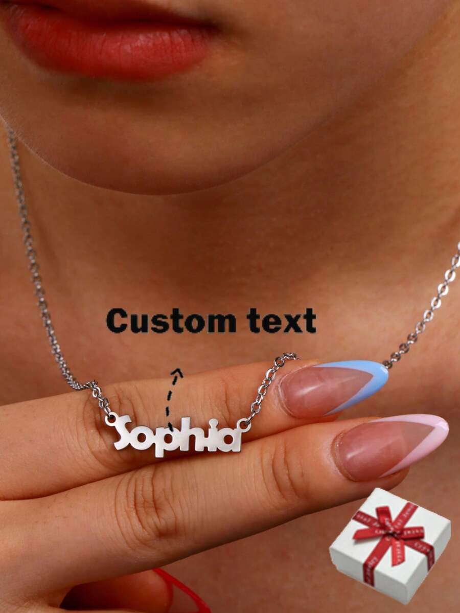 女性個性化名字項鍊，不銹鋼定制珠寶，草書字母吊墜和項圈 - 銀色 - 查看 1
