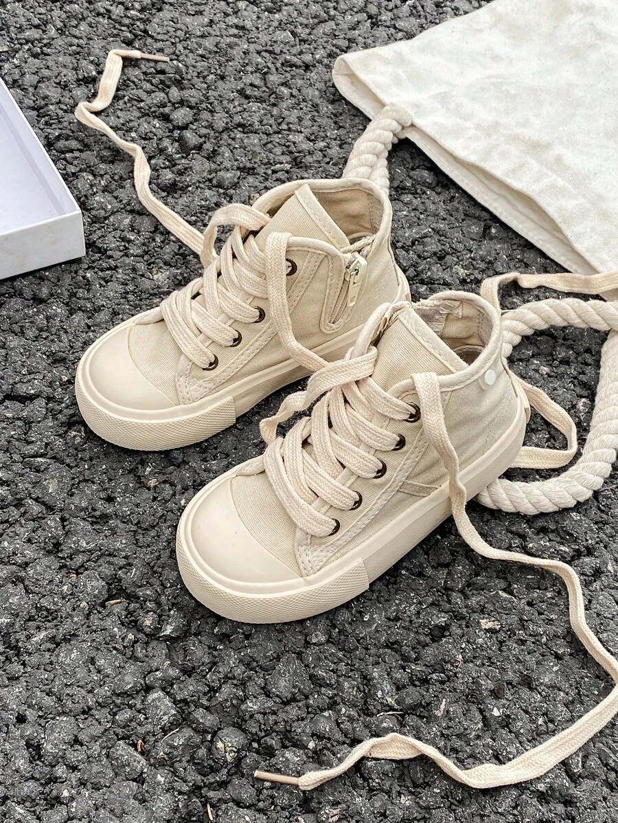 White Canvas Sneakers For Kids, Mid-Top Sports Shoes For Boys And Girls, Simple Korean Style, Spring/Autumn Casual Lace-Up Flat Classic Vulcanized Shoes