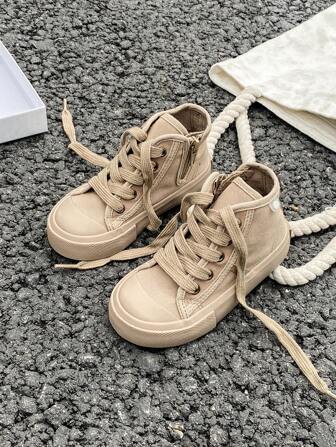 White Baby Canvas Shoes Middle-Top Sports Shoes, Spring & Autumn, Korean Simple Style For Boys & Girls, Fashionable Low-Top Athletic Shoes, Classic Lace-Up Canvas Shoes, All-Match Casual Sports & Skating Shoes For Kids