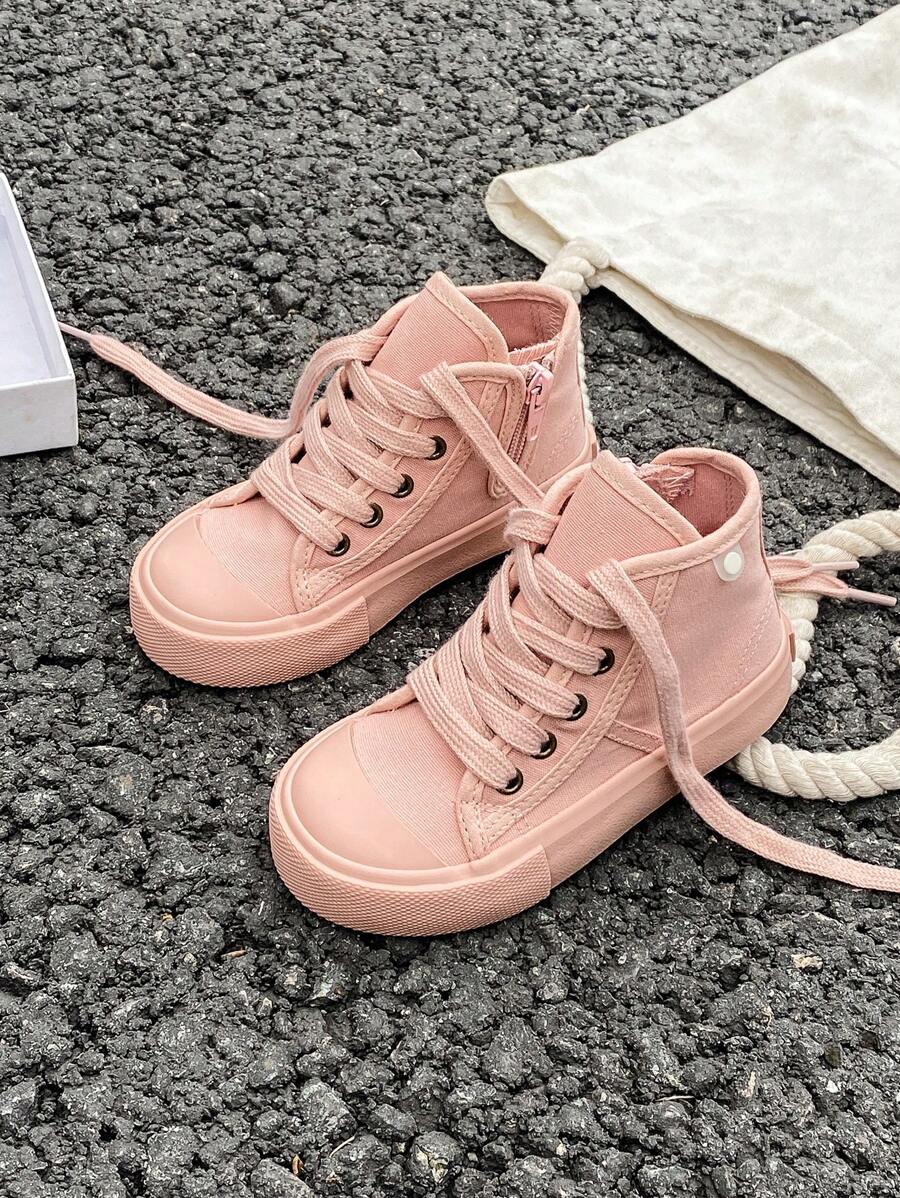 White Canvas Shoes, Mid-Top Sneakers For Kids, Spring & Fall, Korean Style, Minimalist Design, Boys & Girls - Pink - View 1