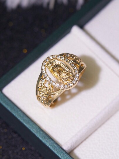 Eterna Glow 1pc Elegant Virgin Mary Cubic Zirconia Inlaid Ring, Suitable For Women, Hip-Hop Style, Daily Wear, Couple Jewelry