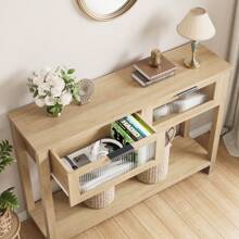 Living Room Country Sofa Table, Minimalist Style Console Table, Entryway Table With Storage, Console With Glass Drawers, Suitable For Living Room Hallway Foyer - 木質色 - 查看 2