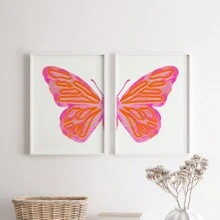 2 SZTUK/ZESTAW Styl Płótno Wall Art Łatwe do powieszenia Różowy motyl Wall Art Canvas Wystrój wnętrz Plakat na ścianę Estetyczny plakat Akwarela Motyl Art Różowy Modny wystrój wnętrz Dziewczyna Plakat na ścianę Estetyczny druk artystyczny (w ramce)