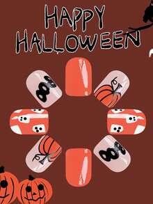 24入組短款明亮萬聖節主題指甲貼紙-南瓜，鬼魂和蝙蝠-2024年最新萬聖節指甲藝術，特色和個性化禮物，適合女性和女孩，配有果凍膠和指甲文件 - 橘色 - 查看 3