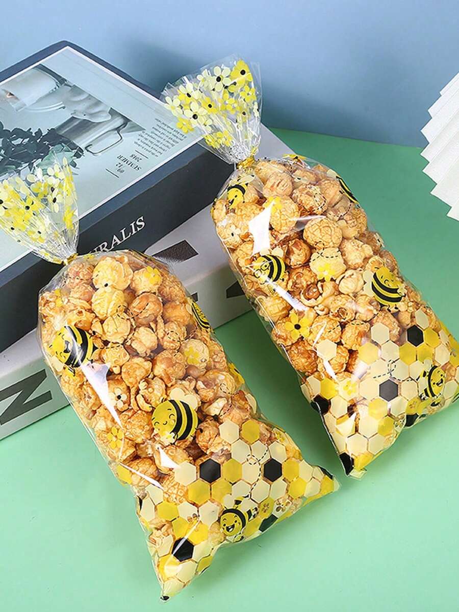 50个小蜜蜂印花礼品袋，OPP透明平口袋，密封捆绑塑料袋，生日、家庭、节日、派对装饰用品，礼品包装用品