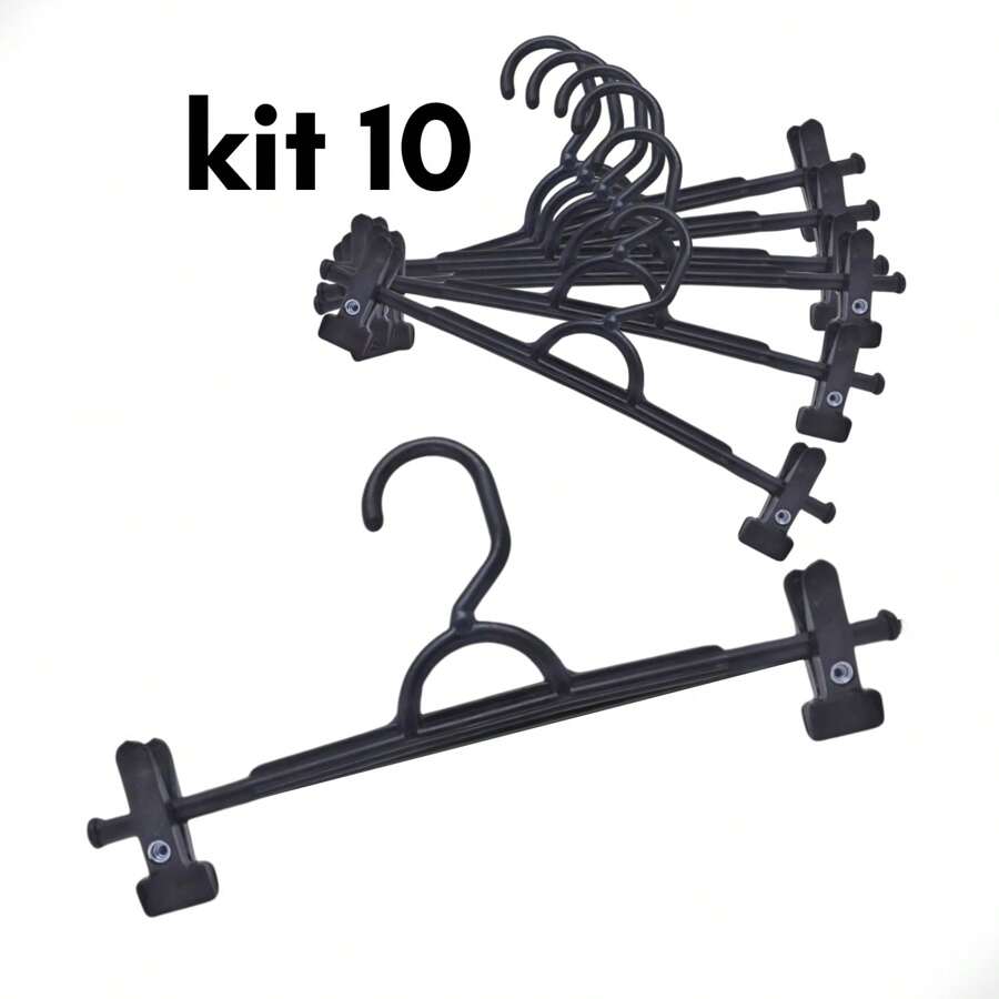 Kit 10 Cabides Pendurar Saia Calça Jeans com Presilha Reforçado Super Resistente Plástico - Preto - Visão 1