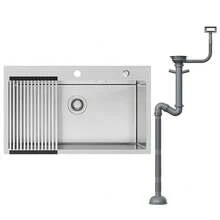 Kitchen Sink Stainless Steel 75x45x19CM Sink 1 Basin With Foldable Drainer And Drainage System, Built-In Sink For 80cm Cabinets - Brushed - View 1