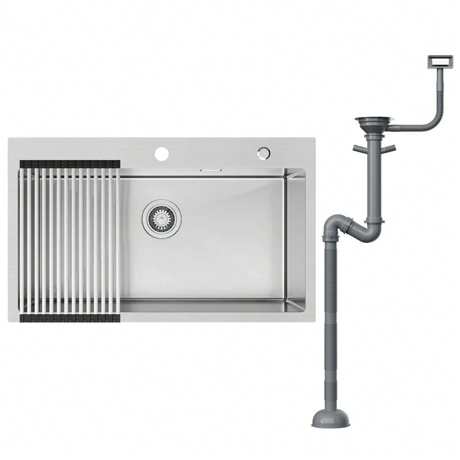 Kitchen Sink Stainless Steel 75x45x19CM Sink 1 Basin With Foldable Drainer And Drainage System, Built-In Sink For 80cm Cabinets - Brushed - View 1