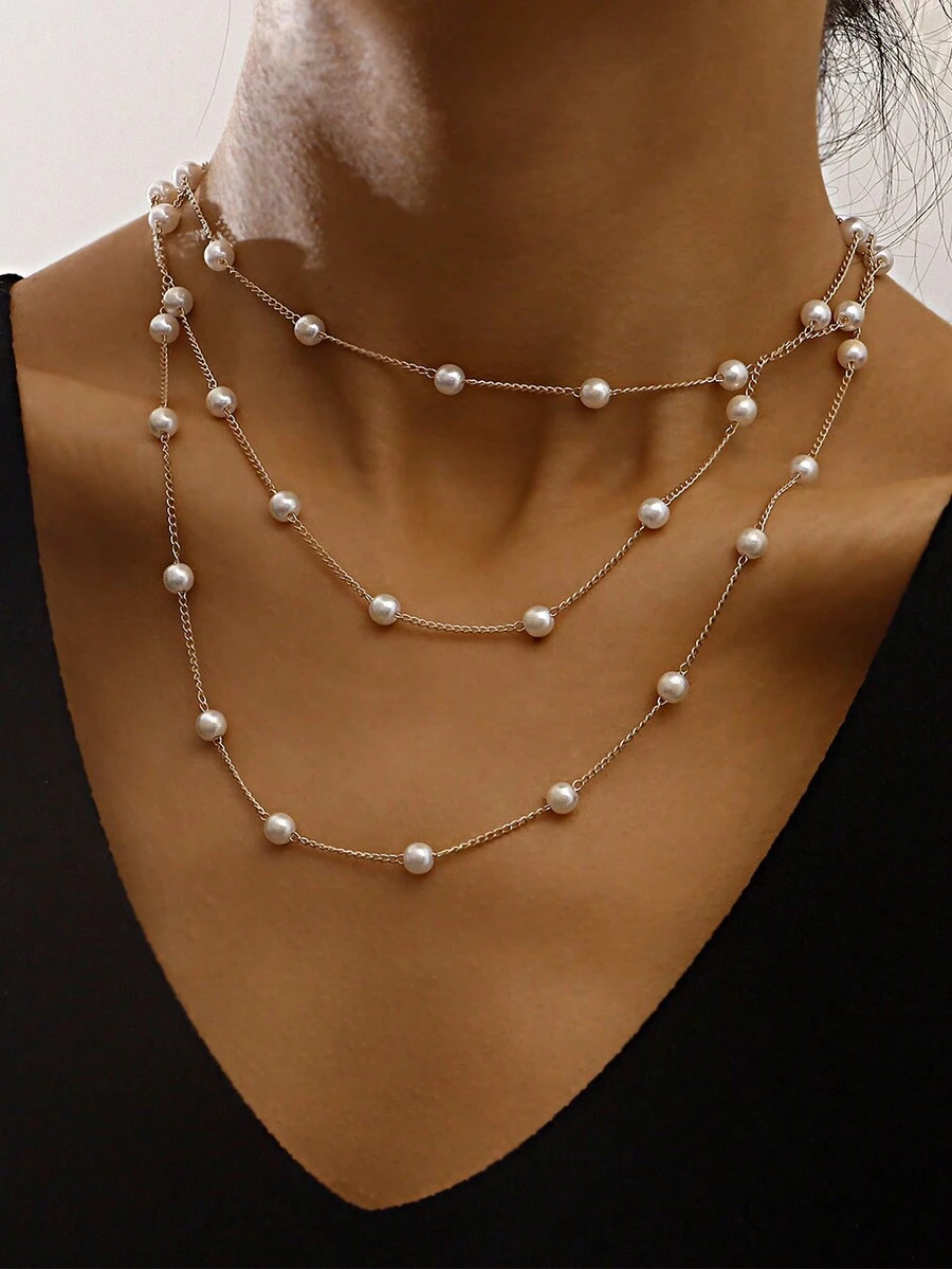 1pc Fashionable Personalized Luxury Simple Geometric Multi-Layer Pearl Necklace With Fine Chain - Yellow Gold - View 1