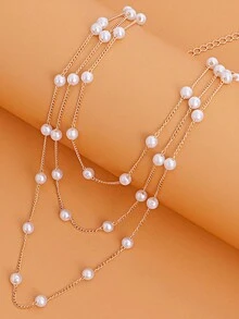 1pc Fashionable Personalized Luxury Simple Geometric Multi-Layer Pearl Necklace With Fine Chain - Yellow Gold - View 3