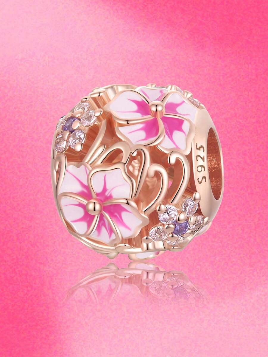 1 件優雅 925 純銀粉色櫻花吊飾珠女士適合手鍊手鐲 Diy 珠寶製作女朋友禮物精美女士珠寶 - 玫瑰金 - 查看 1