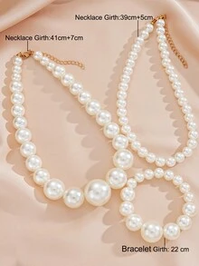 3pcs Fashionable And Simple Faux Pearl Bracelet Necklace Jewelry Set For Women, Suitable For Daily Wear, Dates, And Holidays, Great Gift - Silver - View 8