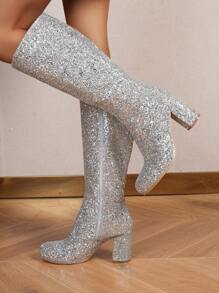 Women's Fashionable Party Personality Glitter Silver Rhinestone Perfect With Cardigan, Over The Knee Boots