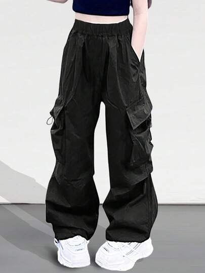 1 件装 Tween Girl 宽松工装裤，带翻盖口袋和抽绳，春/夏/秋季