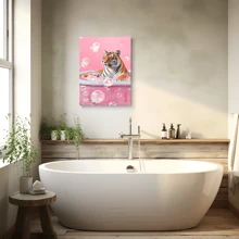 1 幅木框画，复古艺术海报，可爱老虎泡泡浴，酷炫狮子喝饮料，卧室、客厅餐厅走廊办公室家居装饰画的理想礼物 - 彩色 - 查看 3