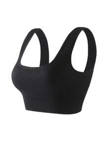 Seamless Ribbed Shock-Absorbing Sports Bra And Tight Shorts Set - Black - View 3