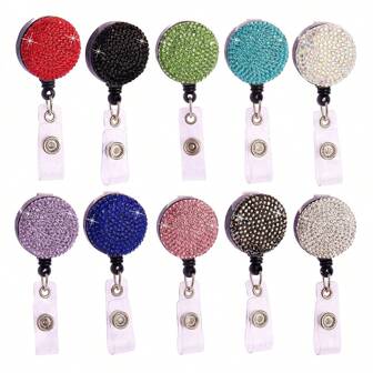 Carrete Retráctil De Plástico Abs Con Incrustaciones De Diamantes De Imitación De Colores, Portatarjetas De Identificación Con Clip Para Cinturón Y Giro De 360 Grados, 1 pieza