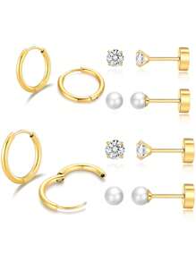 Ensemble de 6 paires de boucles d'oreilles pour cartilage pour femmes, boucles d'oreilles à boucle pour cartilage pour hommes et femmes aux oreilles sensibles, avec cubic zirconia cubique, perle, boule et dos plat pour plusieurs piercings - Boucles d'oreilles zircone - Voir 11