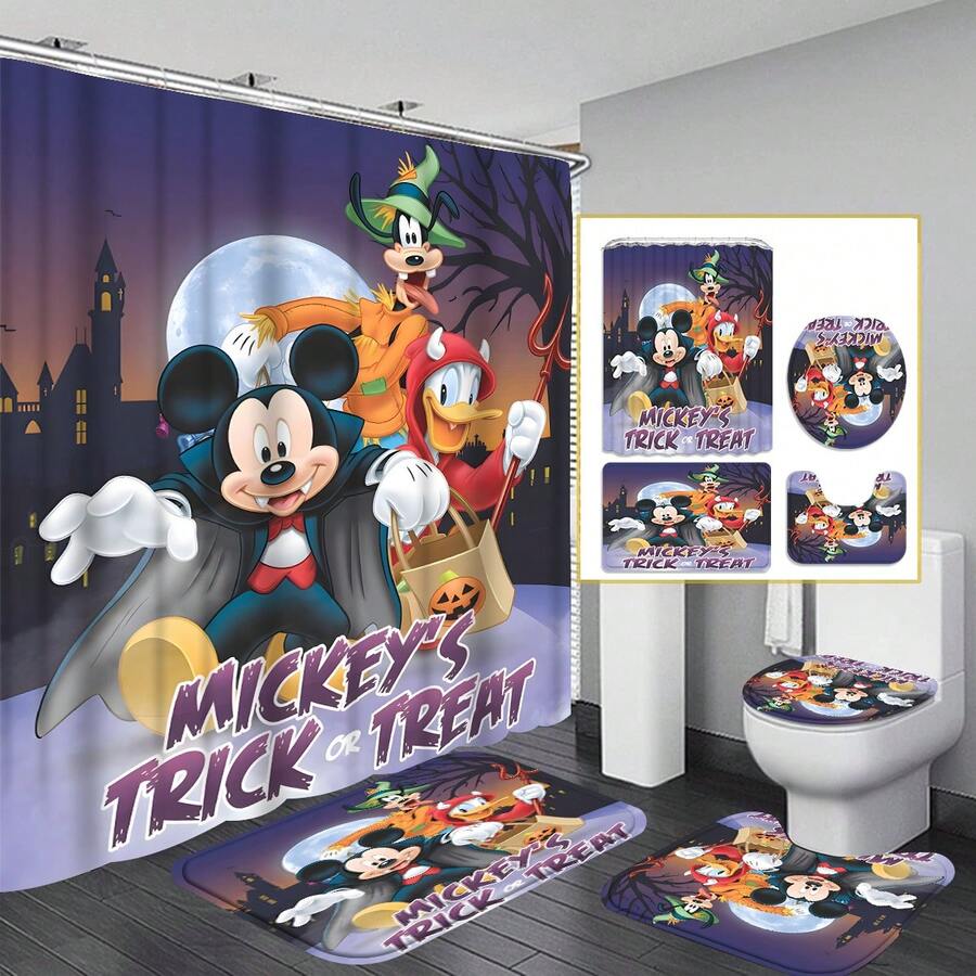 [授權] 1入組/4入組萬聖節浴室套裝，帶12個掛勾的防水布料浴簾，防滑浴室地墊、U形馬桶墊、廁所罩墊，浴室裝飾 - 彩色 - 查看 1