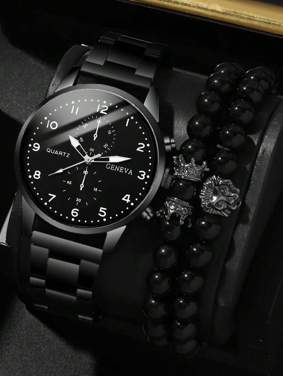 3pcs Set Fashionable & Versatile Men's Quartz Watch, Round Dial, Alloy Steel Strap, Paired With Crown Beaded Bracelet, Best Gift For Men, Suitable For Holidays And Daily Wear - Black - View 1