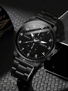 3pcs Set Fashionable & Versatile Men's Quartz Watch, Round Dial, Alloy Steel Strap, Paired With Crown Beaded Bracelet, Best Gift For Men, Suitable For Holidays And Daily Wear - Black - View 2