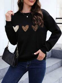 Moletom feminino Gola Redonda coração Tumblr Blusa de frio Streetwear Casaco - Preto - Visão 1