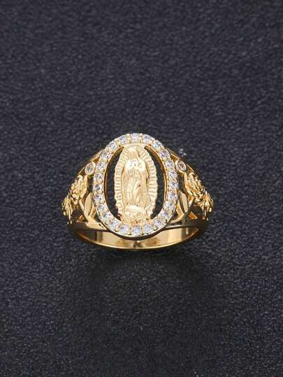 1pc Elegant Virgin Mary Cubic Zirconia Inlaid Ring, Suitable For Women, Hip-Hop Style, Daily Wear, Couple Jewelry