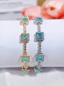 SEQUITO 1pc Delicate Wrist Pendant Bracelet Gold Plated Pave Setting Square Shape Blue AAA Cubic Zirconia Women Clothing Jewelry - 18.5 cM - View 14