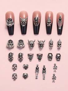 Halloween 50pcs Gothic Vintage Nail Art Decorations, Skull Shaped Metal Nail Rhinestones DIY Nail Jewelry, Nail Gems Art Supplies