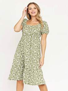 Boho Retro Ditsy Floral Flutter Puff Sleeve Square Neck Tiered Ruffle Tea Midi Length Classic Bridgerton Dress - màu xanh lá - Xem 6