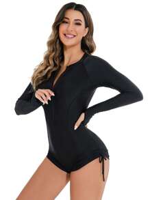 女式运动型前拉链连体泳衣 长袖 黑色泳衣