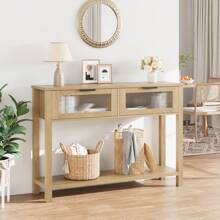 Living Room Country Sofa Table, Minimalist Style Console Table, Entryway Table With Storage, Console With Glass Drawers, Suitable For Living Room Hallway Foyer - 木質色 - 查看 7