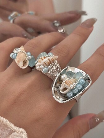 1pc Summer Beach Vacation Stylish Unique Charm High-End Handmade Natural Turquoise Beaded Shell Asymmetrical Open Ring, Suitable For Women Daily, Party, Date, Music Festival, New Year, Valentine's Day, Mother's Day Gift