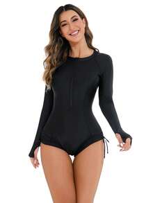 女式运动型前拉链连体泳衣 长袖 黑色泳衣