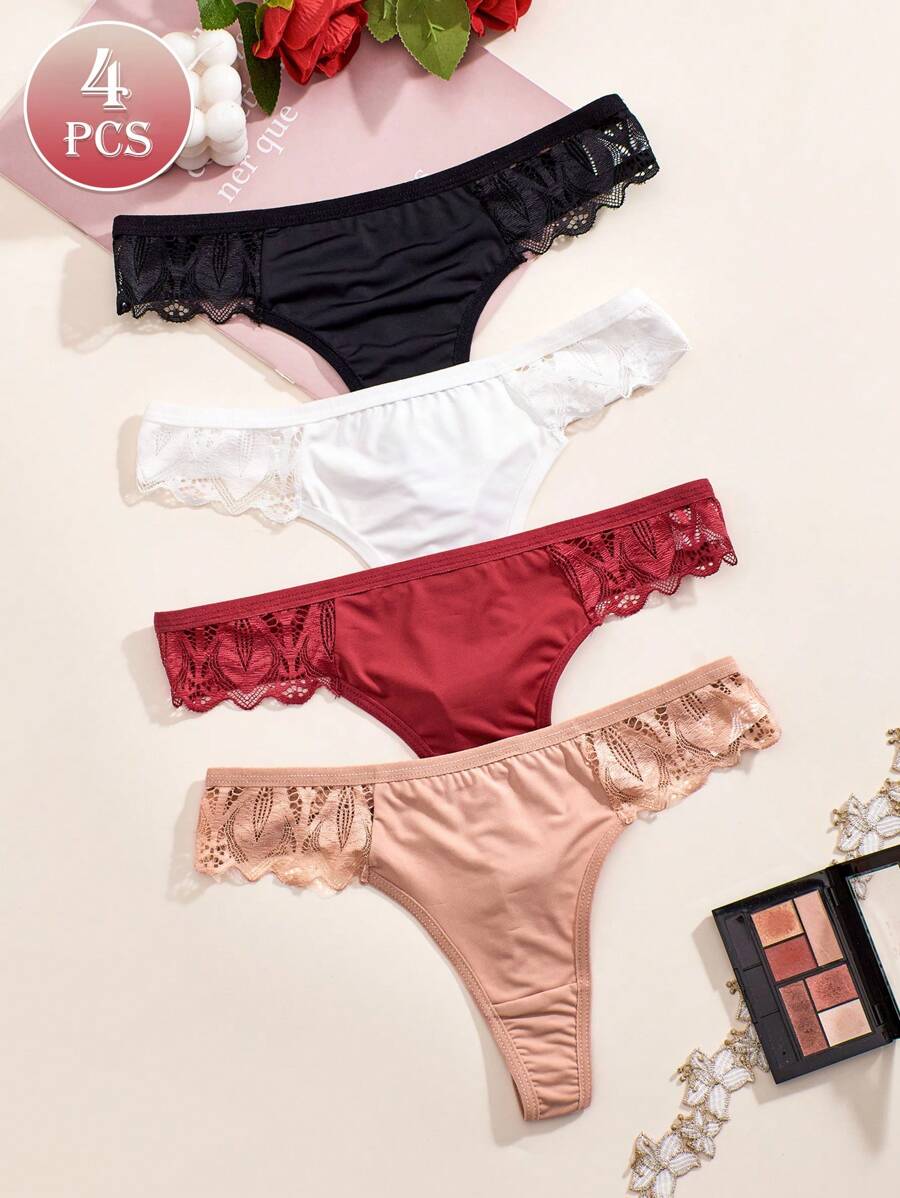 4pcs/Pack Women Lace Seamless Thong Panties, Comfortable Lace Splice, Sexy - Multicolor - View 1