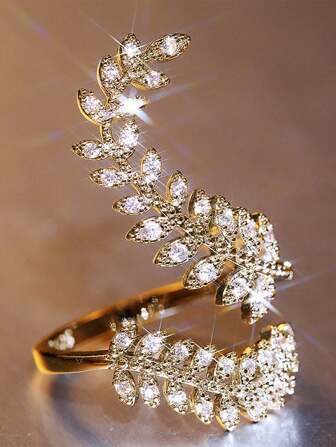 1pc Copper Inlaid Zirconia Imitation Rhinestone Leaf Ring For Women, Wedding Jewelry Gift