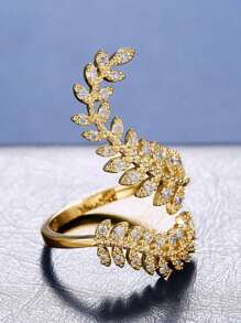 1pc Copper Inlaid Zirconia Imitation Rhinestone Leaf Ring For Women, Wedding Jewelry Gift - Gold - View 2