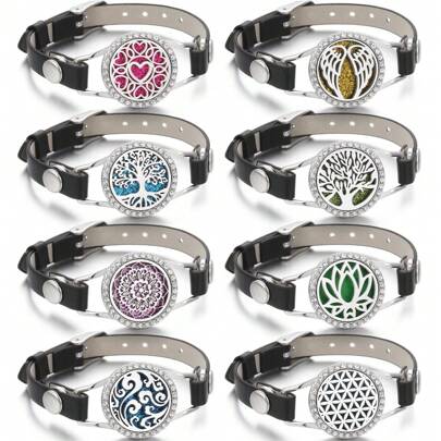 Nouveau bracelet aromathérapie en PU noir bijoux d'aromathérapie, charmes de l'arbre de vie en cristal, fleur et cœur, fils rotatifs, diffuseur de parfum et d'huile essentielle à médaillon ouvert. Bracelets .