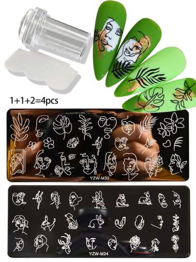 Nail Art Stamping Plate & Scraper Set, Minimalist Abstract Line Art, Portrait, Leaf, Rabbit, Dog, Rose Flower Patterns, DIY Nail Polish Stamping Tools