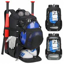 Baseball Bag For Youth & Adult Lightweight Softball Bat Bag With Shoe Compartment, External Helmet Holder And Fence Hook Waterproof Baseball Backpack Hold T-Ball, Bat And Softball Equipment - 黑色 - 查看 1