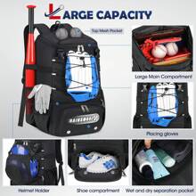 Baseball Bag For Youth & Adult Lightweight Softball Bat Bag With Shoe Compartment, External Helmet Holder And Fence Hook Waterproof Baseball Backpack Hold T-Ball, Bat And Softball Equipment - 黑色 - 查看 3