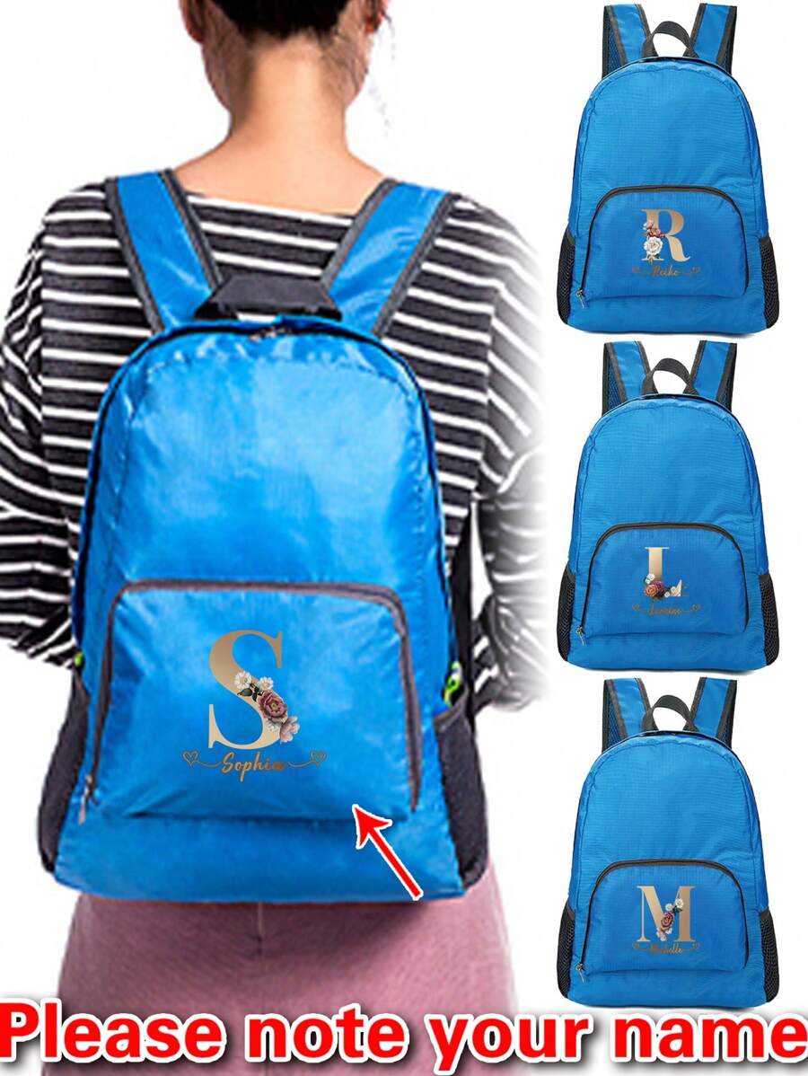 1pc Customized Portable Foldable Backpack Personal Tailor Name Custom Initials A To Z Pattern Pattern Lightweight Waterproof Climbing Bag For Men For Women Unisex Hiking Backpacks For Outdoor Mountaineering Sports Run Daypack Organizer Bag Camping Personalized Hiking Bag - Blue - View 1