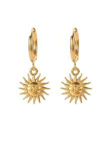 1 đôi bông tai hình mặt trời màu vàng cổ điển thích hợp để phụ nữ đeo hàng ngày bằng thép không gỉ, không thấm nước và chống phai màu - bông tai mặt trời - Xem 2