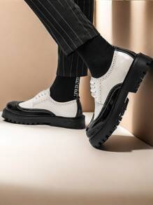 Korean Style Brogue Leather Shoes, Black & White Two Tone Platform Boots For Teenagers