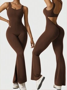 Speed mate Women's Sleeveless Yoga Jumpsuit With Butt Lifting Feature, Backless Flared Flare Jumpsuit - Coffee Brown - View 3