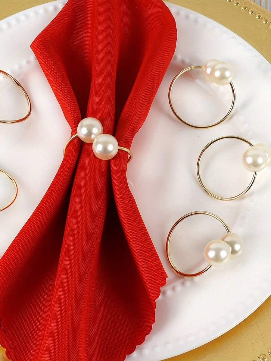 6 件仿金属珍珠餐巾环（小号），装饰餐巾环，适用于母亲节、生日、农舍、婚礼、餐厅、酒店、情人节、宴会、自助餐桌装饰、派对礼品用品、家庭厨房餐桌装饰、圣诞装饰、送给母亲的礼物 - 白色 - 查看 1